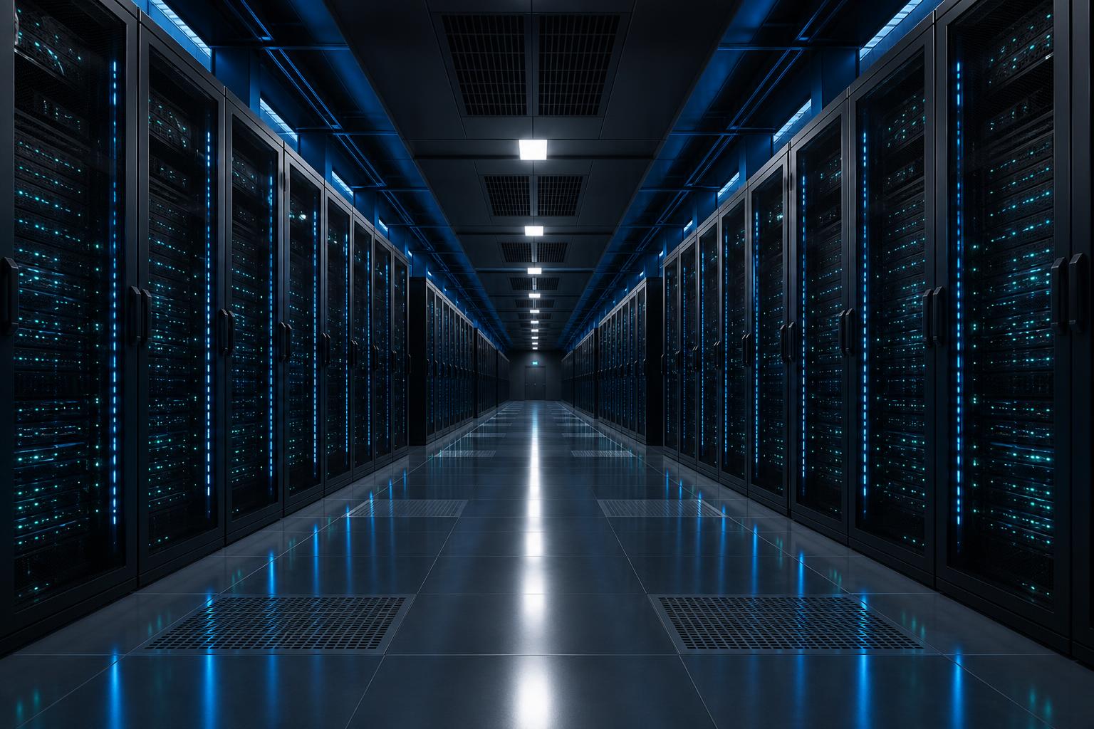 Futuristic data center server racks with blue lighting for managed hosting